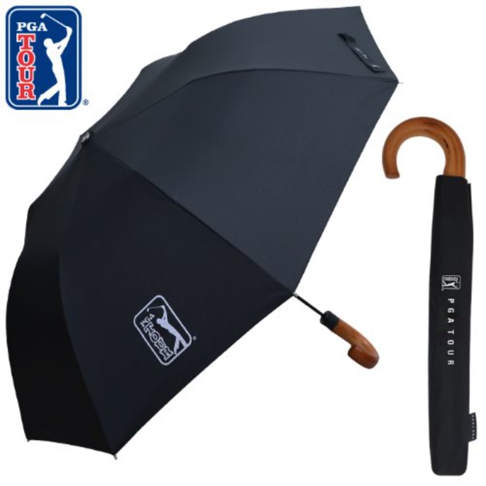PGA 2단 자동 블랙 우드 핸들 우산
