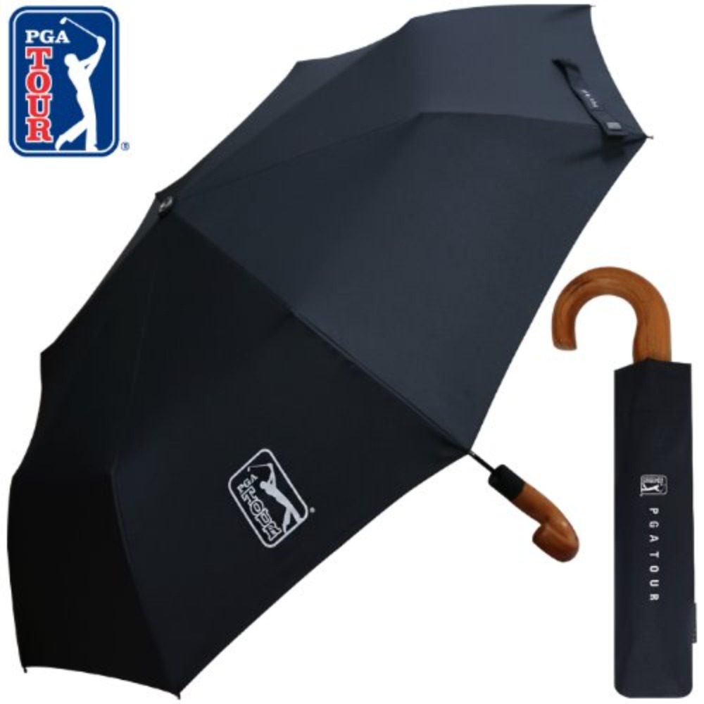 PGA 3단 자동 블랙 우드핸들 우산